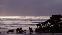 Das Wrack der 'Peter Iredale' am Strand ...