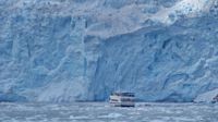 Vor dem gewaltigen Gletscher verliert sich unser Boot regelrecht