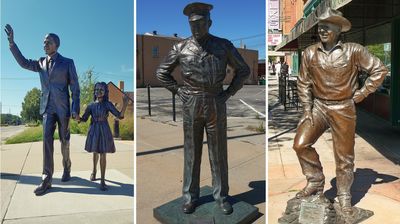 In Downtown Rapid City stehen die lebensgroßen Statuen aller bisherigen Präsidenten der USA, hier als kleine Auswahl von links: Barack Obama, Dwight D. Eisenhower und Ronald Reagan